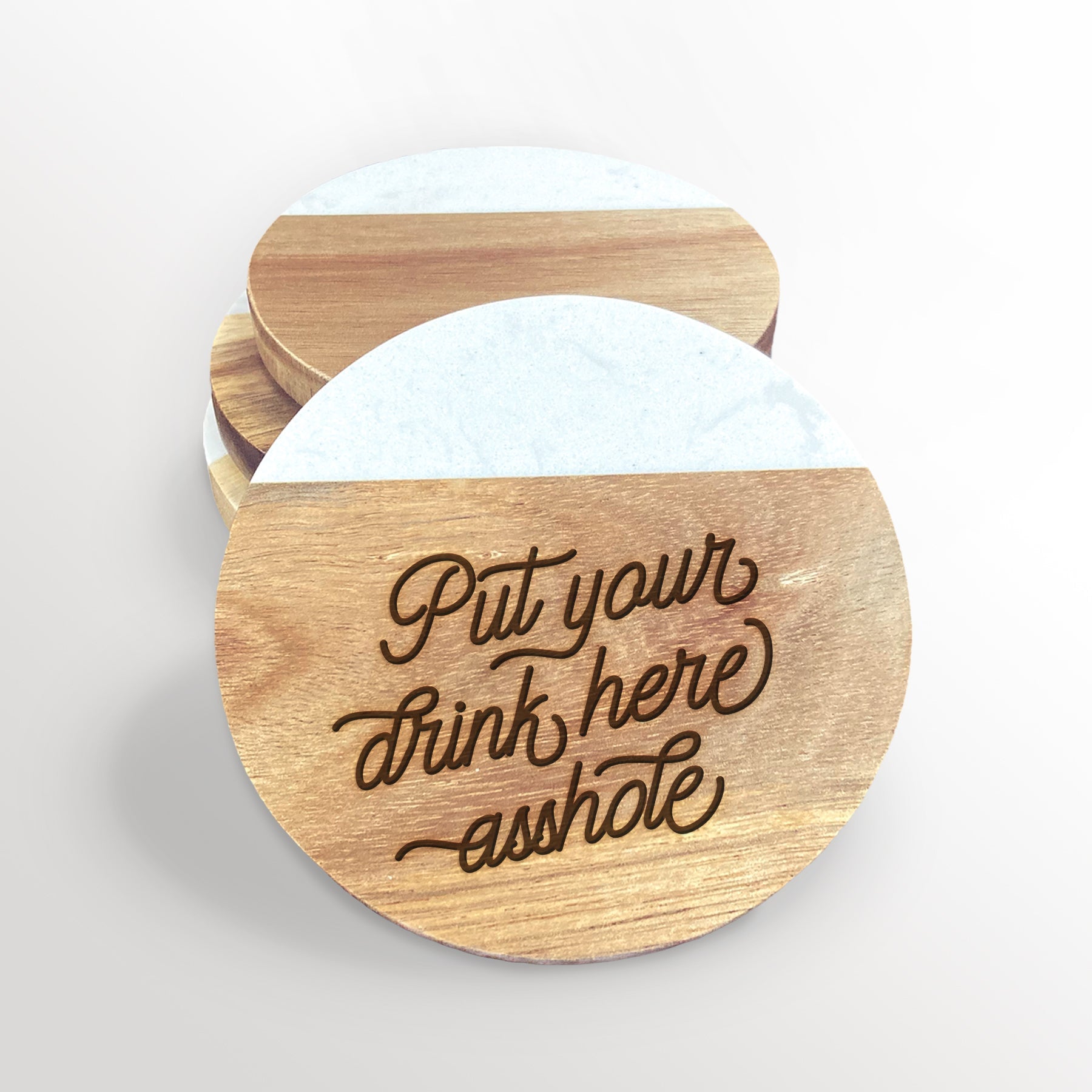 Drink Here Acacia Wood and Marble Coasters – iCustomLabel