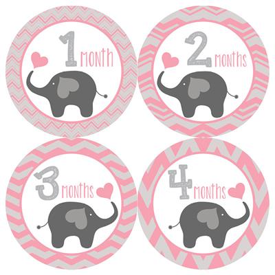 Elephant Pink Baby Month Stickers
