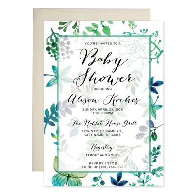 Garden Green Watercolor Baby Shower Invitations