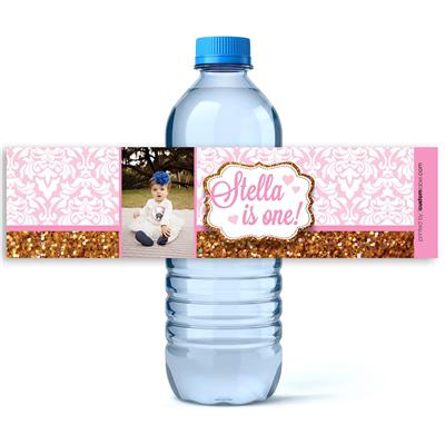 Glitter Damask Birthday Water Bottle Labels