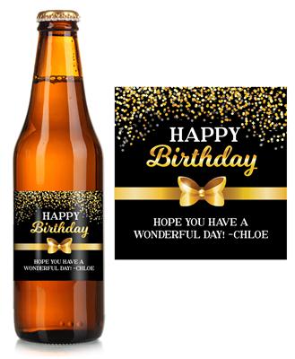 Gold Confetti Bow Birthday Beer Label