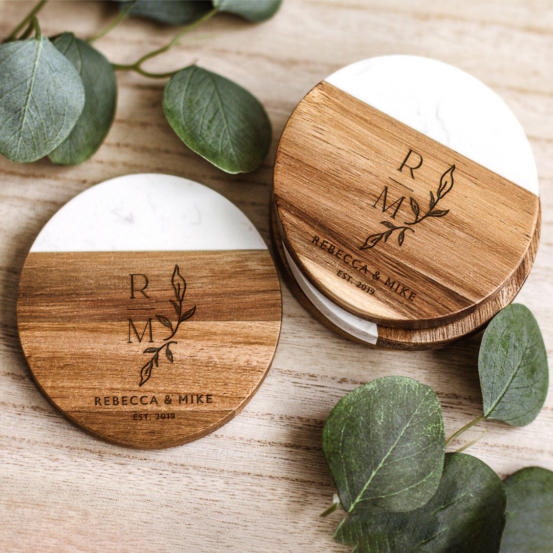 Luxe Wedding Monogram Acacia Wood and Marble Coasters