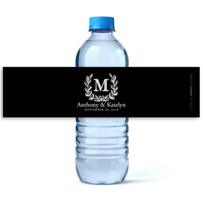 Monogram Wreath Black Water Bottle Labels