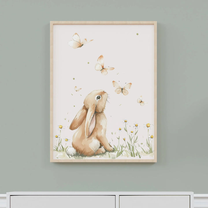 Bunny and Butterflies Nursery Poster – Cute Kids Room Wall Art with Flowers - iCustomLabel