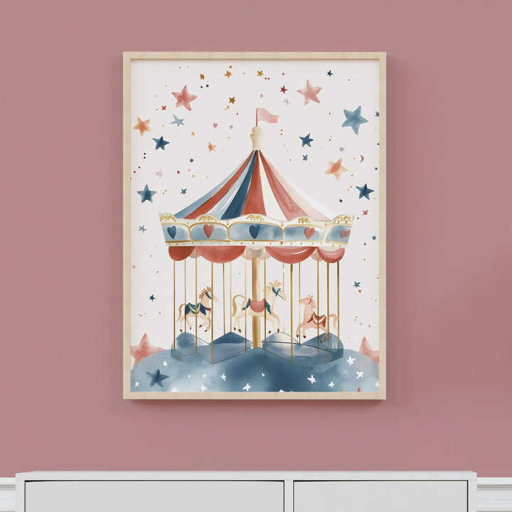 Carousel Nursery Poster – Cute Kids Room Wall Art with Stars and Horses - iCustomLabel