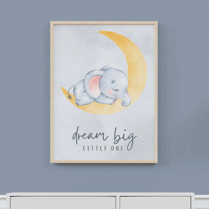 Dream Big Elephant Nursery Poster – Cute Kids Room Wall Art with Moon and Stars - iCustomLabel