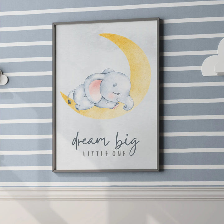 Dream Big Elephant Nursery Poster – Cute Kids Room Wall Art with Moon and Stars - iCustomLabel