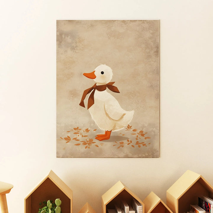 Duckie with Scarf Nursery Poster – Cute Kids Room Wall Art with Autumn Leaves - iCustomLabel