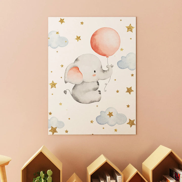 Elephant with Balloon Nursery Poster – Cute Kids Room Wall Art with Clouds and Stars - iCustomLabel