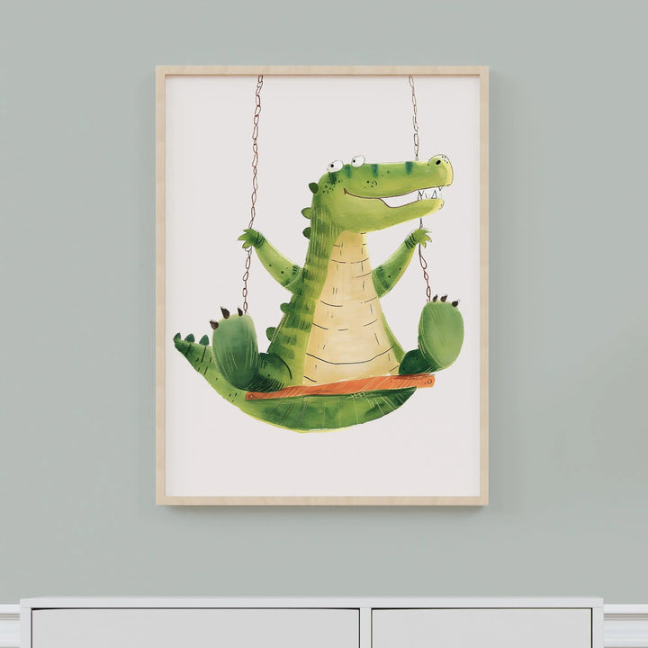 Gator Swing Nursery Poster – Cute Kids Room Wall Art with Alligator on a Swing - iCustomLabel