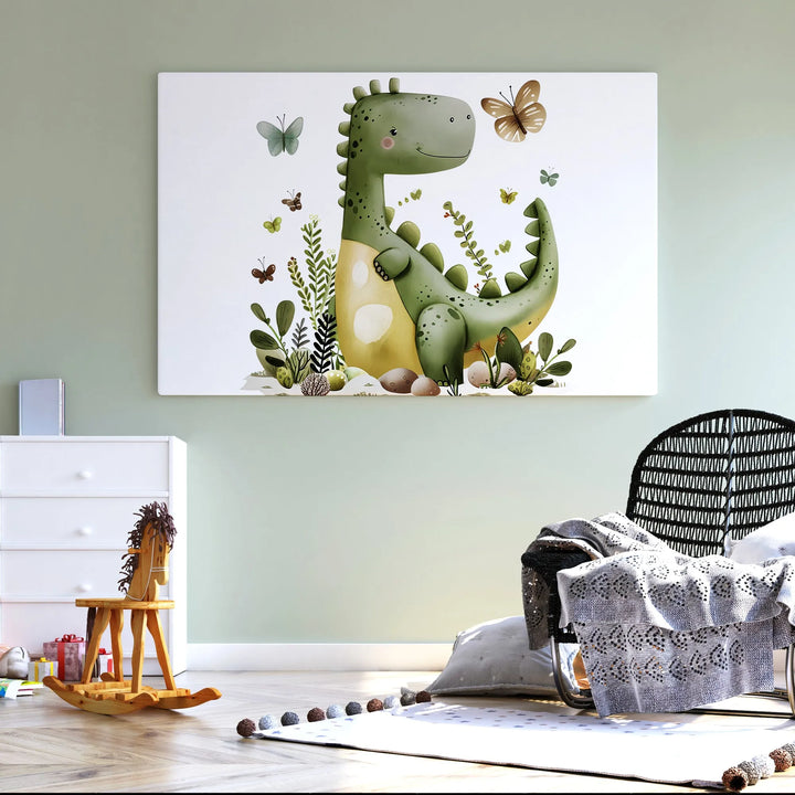 Happy Dino Nursery Poster – Cute Kids Room Wall Art with Green Dinosaur and Butterflies - iCustomLabel