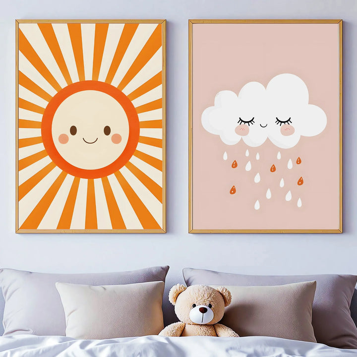Happy Showers Poster – Cute Sun and Cloud Nursery Wall Art with Smiling Sun and Raindrops - iCustomLabel