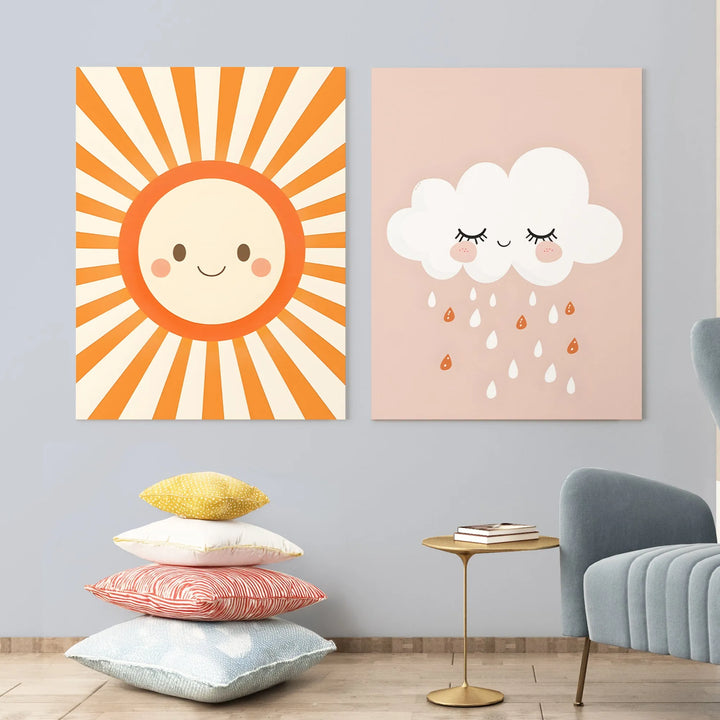Happy Showers Poster – Cute Sun and Cloud Nursery Wall Art with Smiling Sun and Raindrops - iCustomLabel