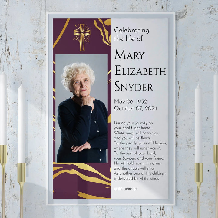 In Loving Memory Memorial Photo Poster with Royal Gold Background and Cross - iCustomLabel