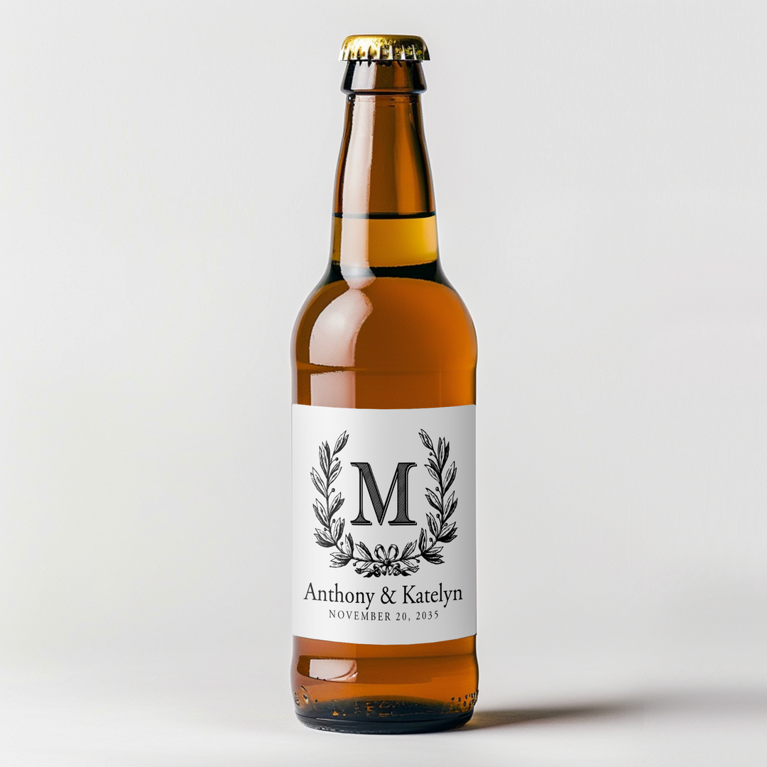 Monogram Wreath Wedding Beer Label - iCustomLabel