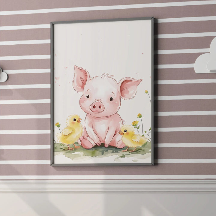 Piggy Friends Poster – Cute Baby Pig and Chick Nursery Wall Art - iCustomLabel
