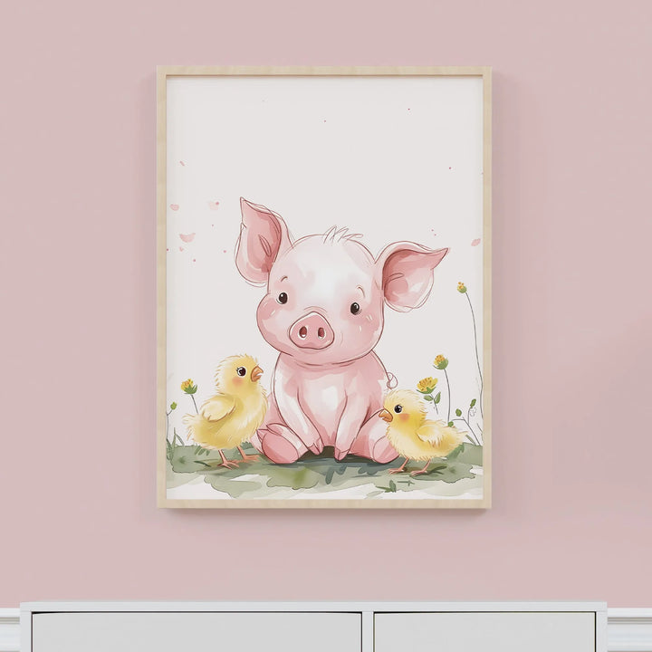 Piggy Friends Poster – Cute Baby Pig and Chick Nursery Wall Art - iCustomLabel