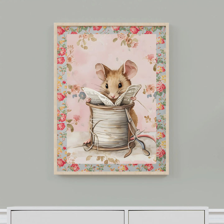 Reading Mouse Poster – Adorable Nursery Wall Art with Floral Border - iCustomLabel