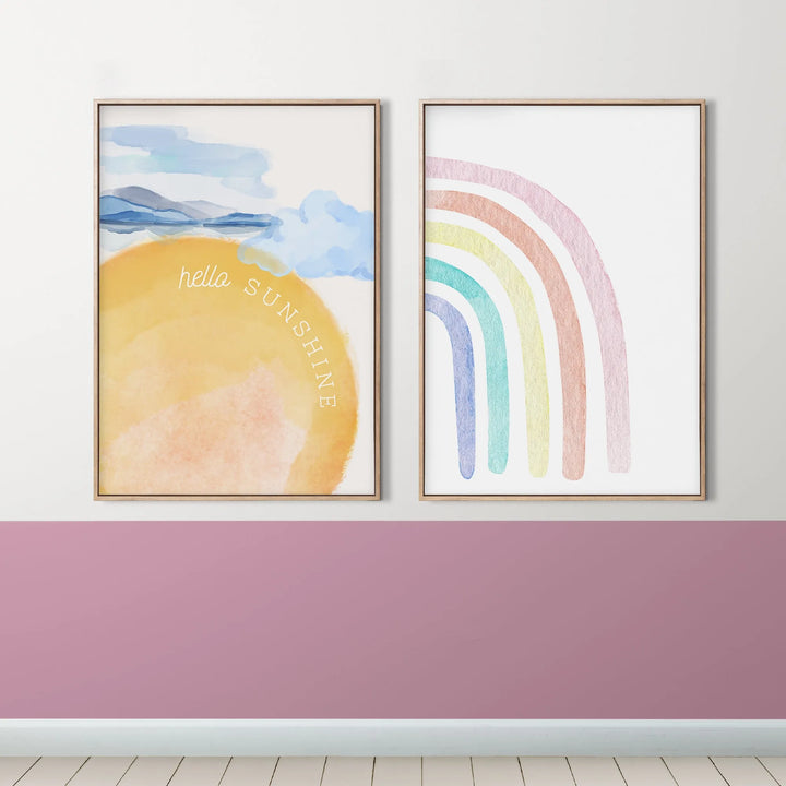 Sunshine Pals Poster – Watercolor Nursery Wall Art with Sunshine and Rainbow Designs - iCustomLabel