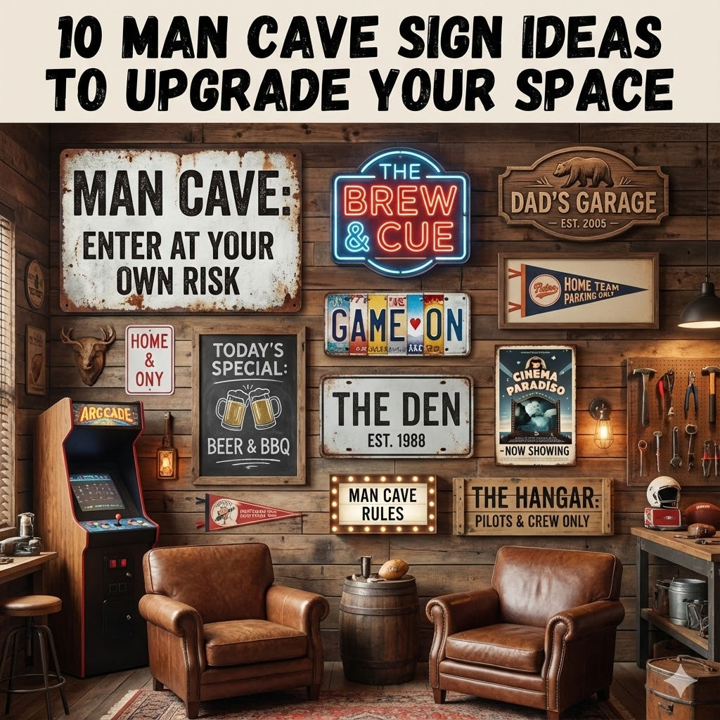 Cozy man cave with leather chairs, arcade game, wood wall signs for beer, BBQ, garage, and game room