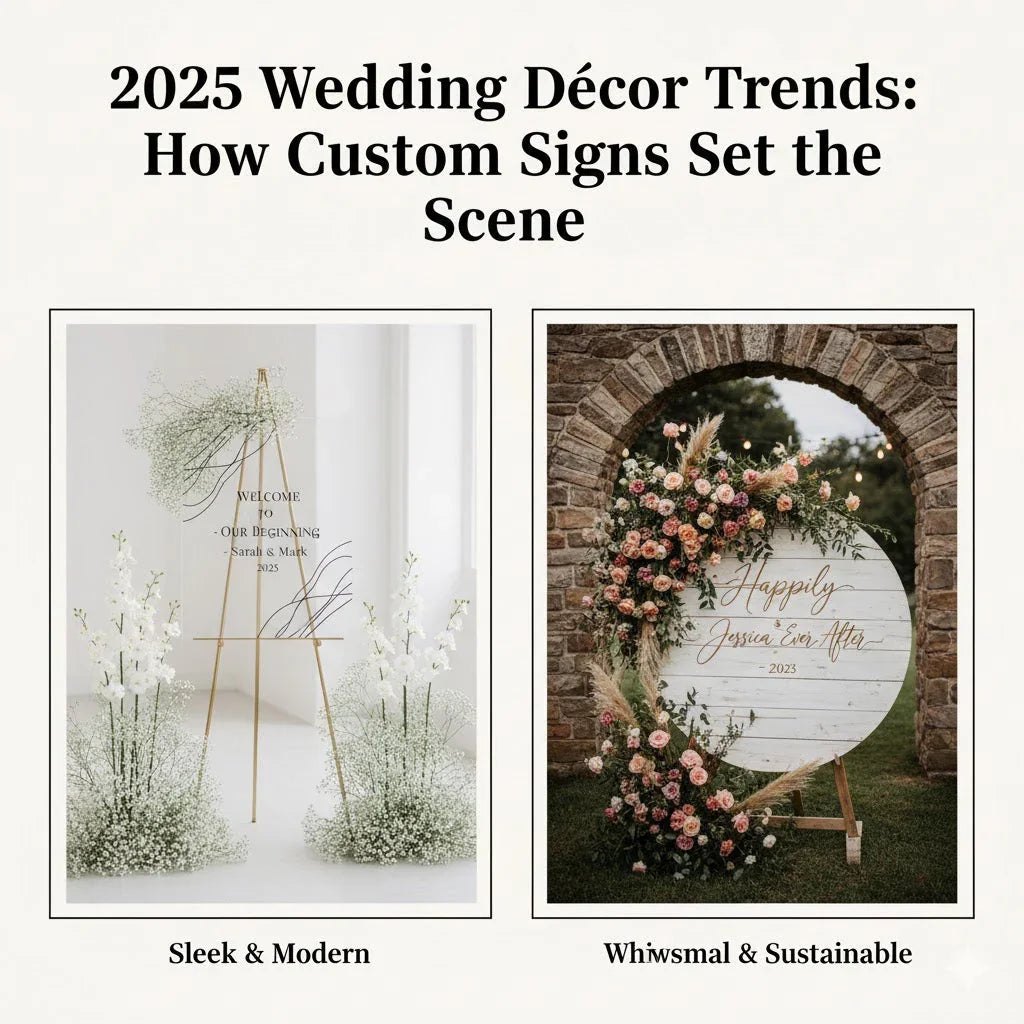2025 wedding decor trends with custom welcome signs, modern acrylic and rustic floral styles.