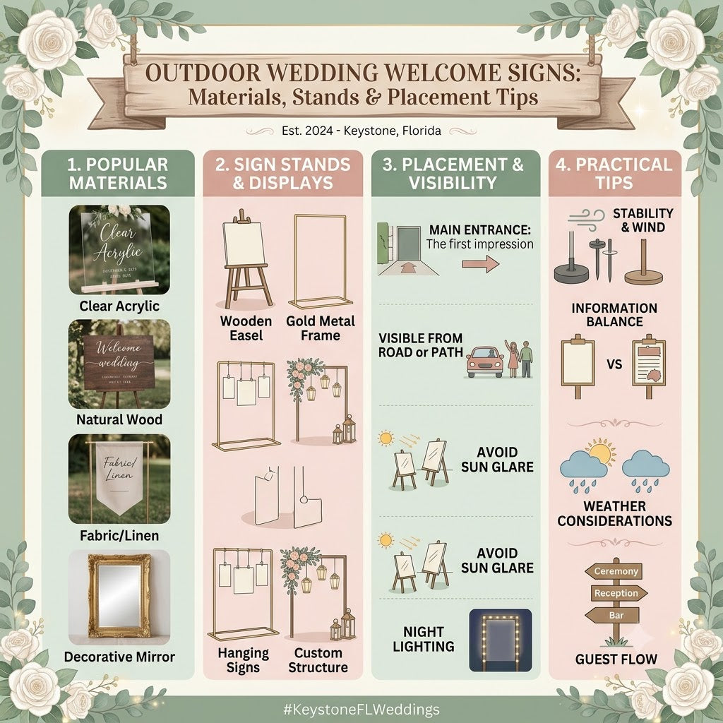 Outdoor Wedding Welcome Signs: Materials, Stands &amp; Placement Tips