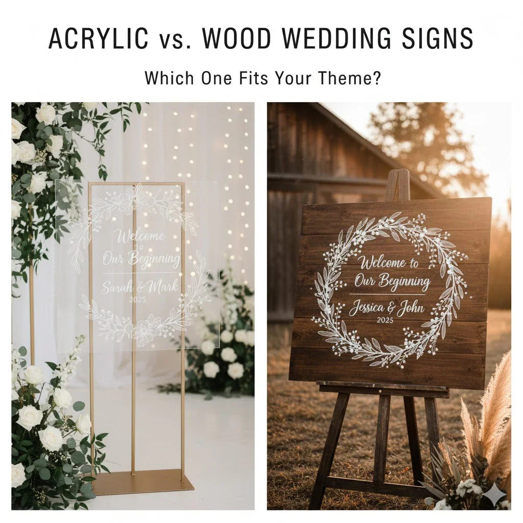 Acrylic and wood wedding signs side by side, floral decor, rustic vs. modern theme comparison