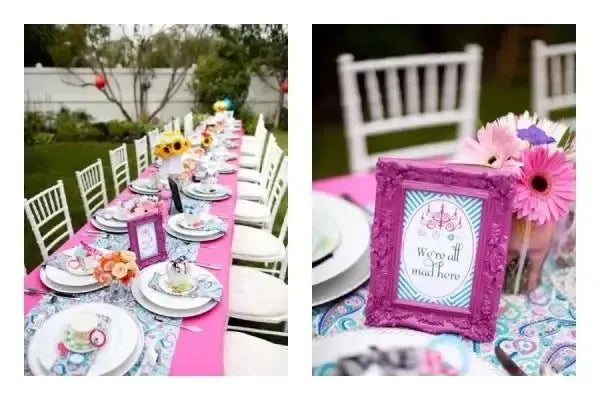 Alice in Wonderland baby shower table with teacups, flowers, and vintage decor outdoors