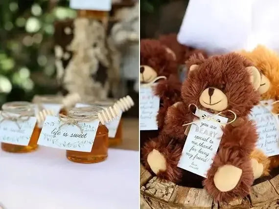 Baby bear first birthday party favors with honey jars and plush teddy bears on display.