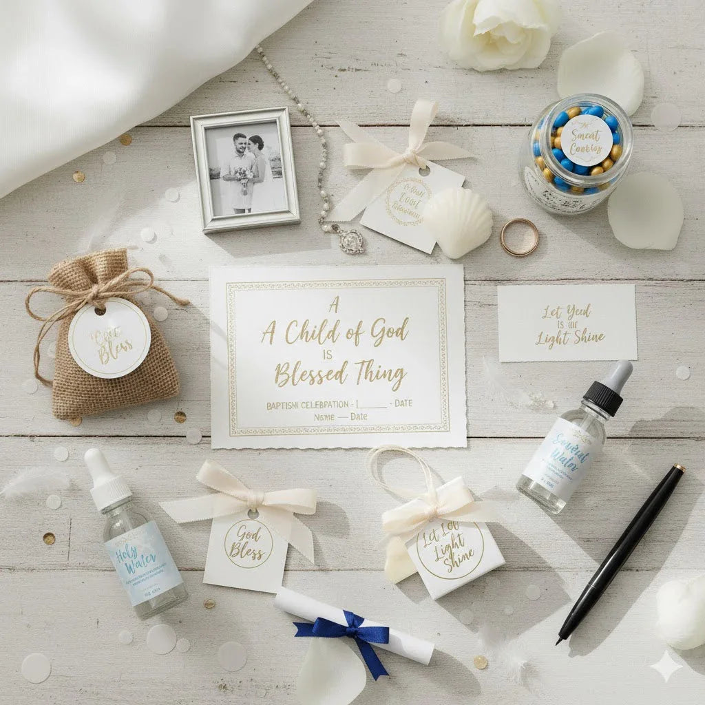 Elegant baptism and christening label ideas with keepsakes, holy water, and gift tags on white wood.