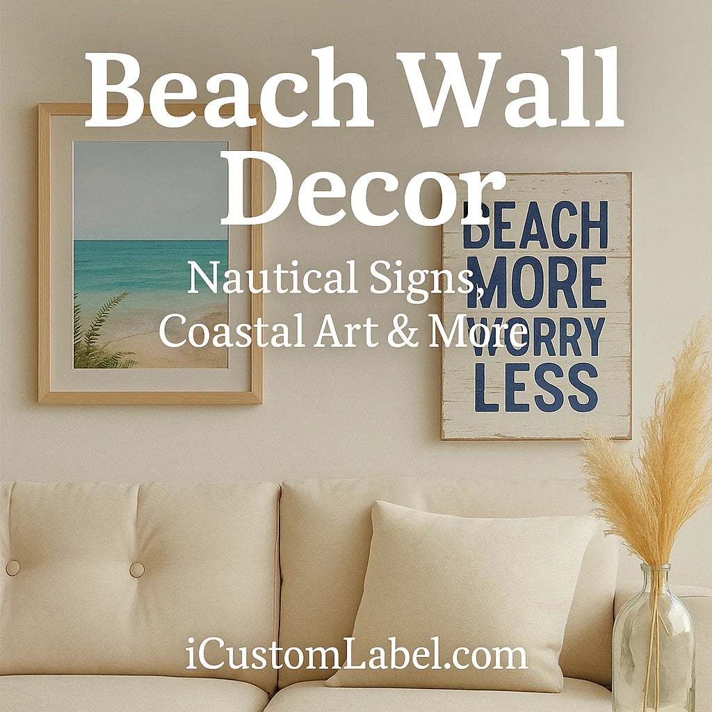 Beach wall decor with coastal art, nautical sign, beige sofa, and pampas grass in vase.
