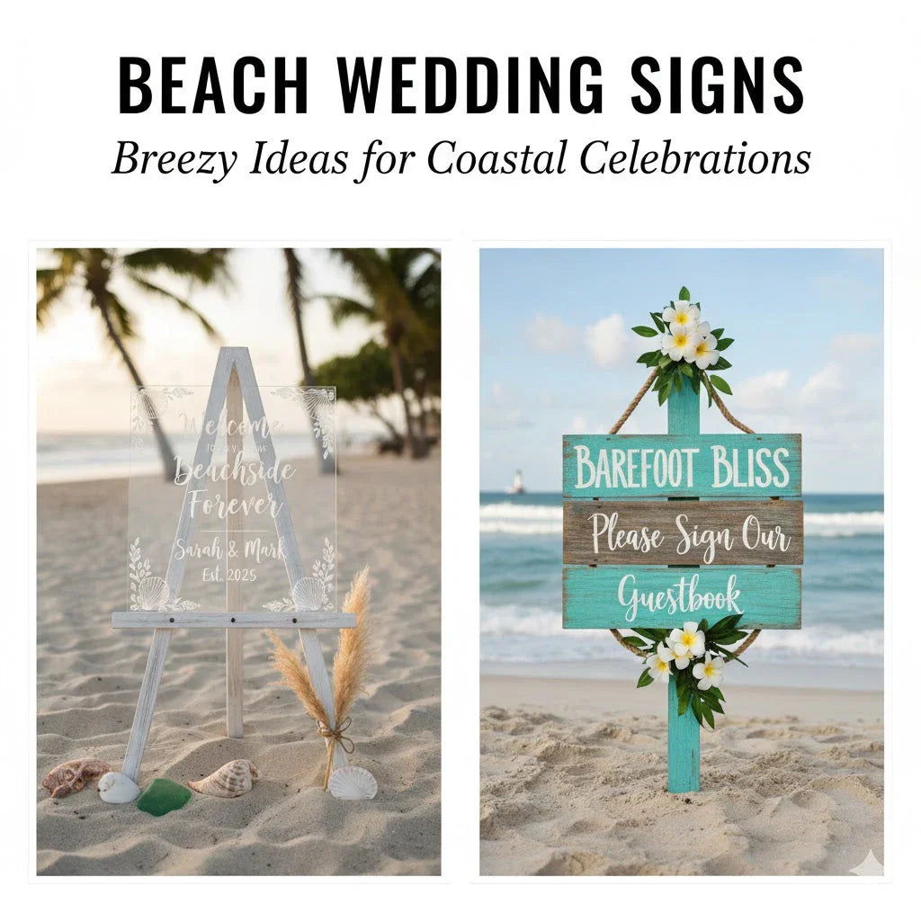Beach wedding signs on sand with palm trees, seashells, turquoise and floral decor.