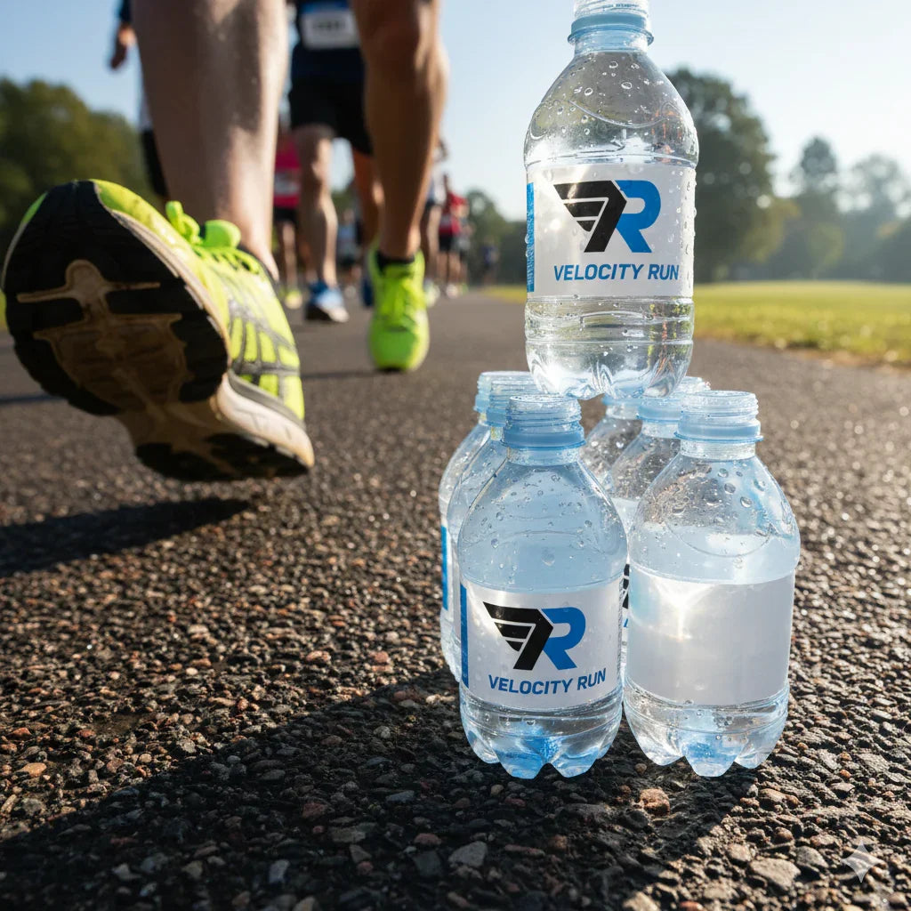 Marathon runner on asphalt near branded custom water bottles labeled 'Velocity Run' outdoors
