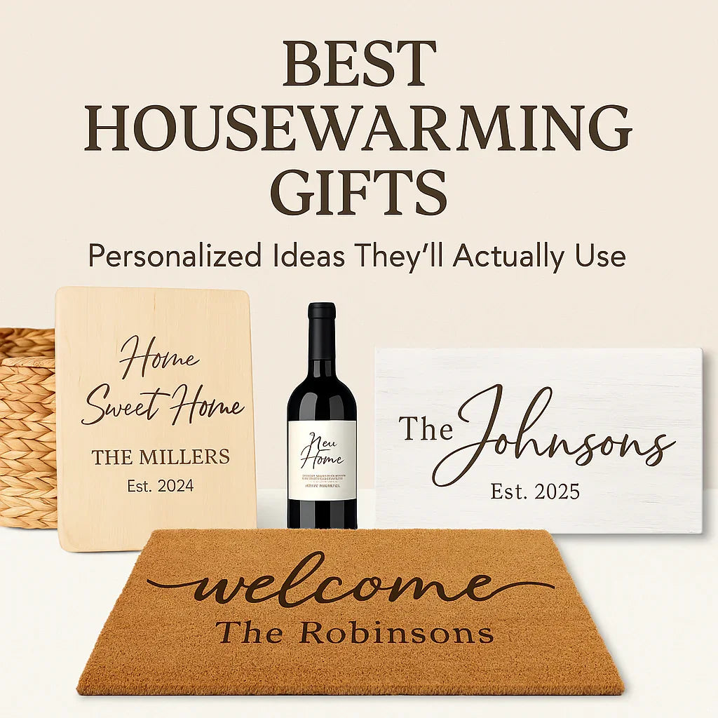 Personalized housewarming gifts display with custom doormat, wooden signs, and wine bottle.