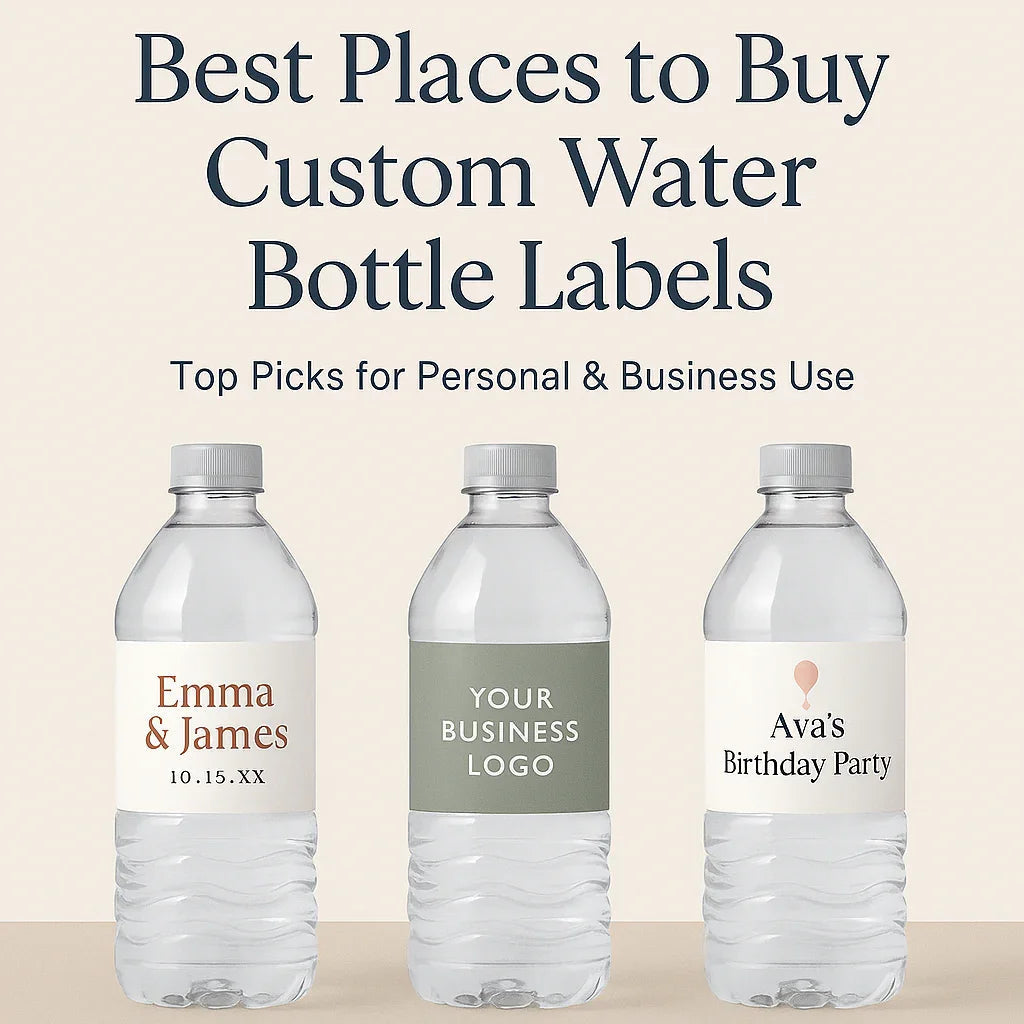 Custom water bottle labels for events and business use, featuring three sample bottles.