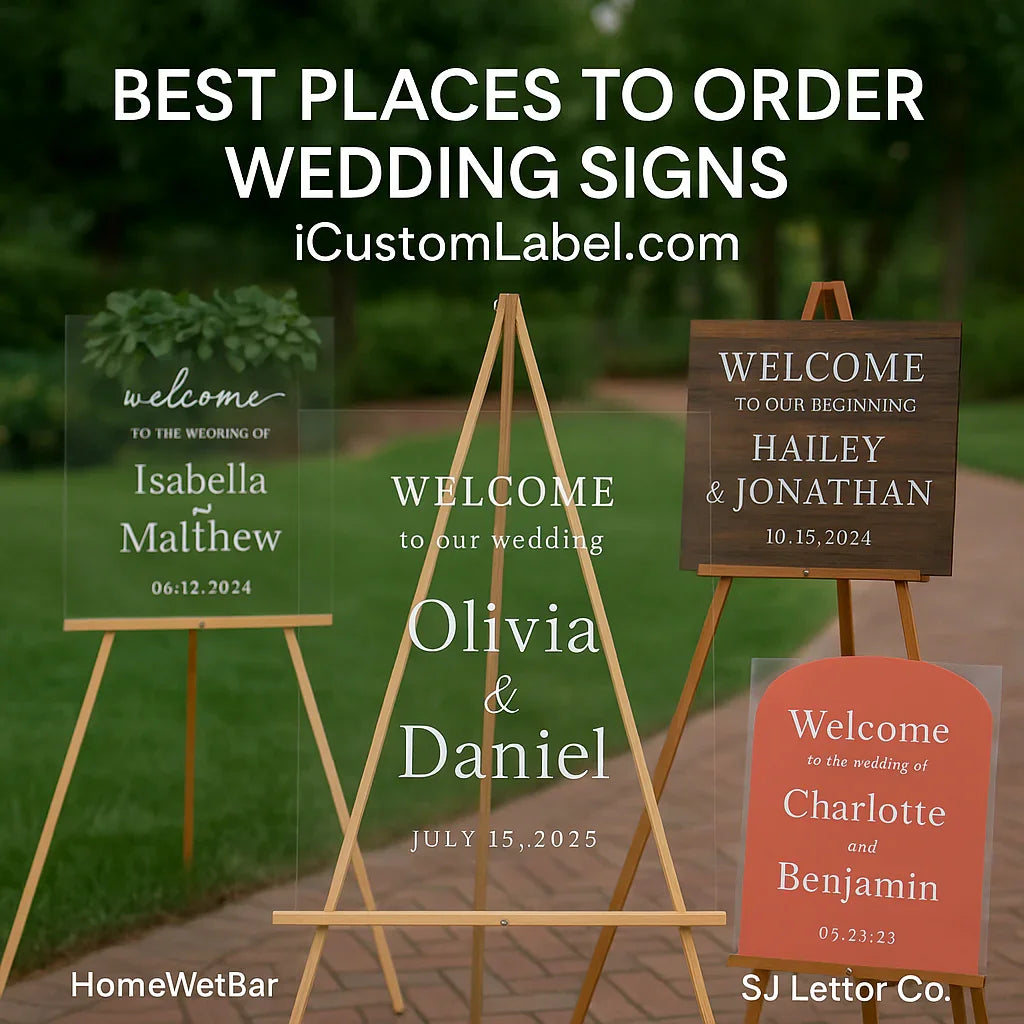 Wedding welcome signs on easels in a garden setting promoting iCustomLabel.com