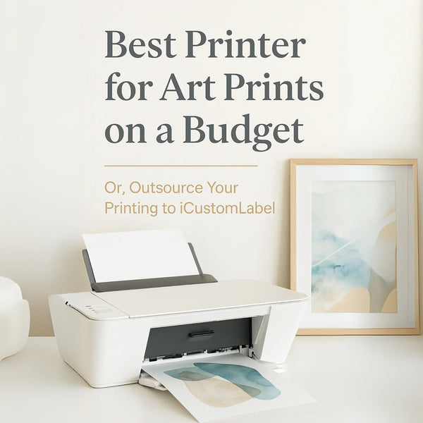 Budget art print printer on desk with printed abstract art and framed print, text overlayed