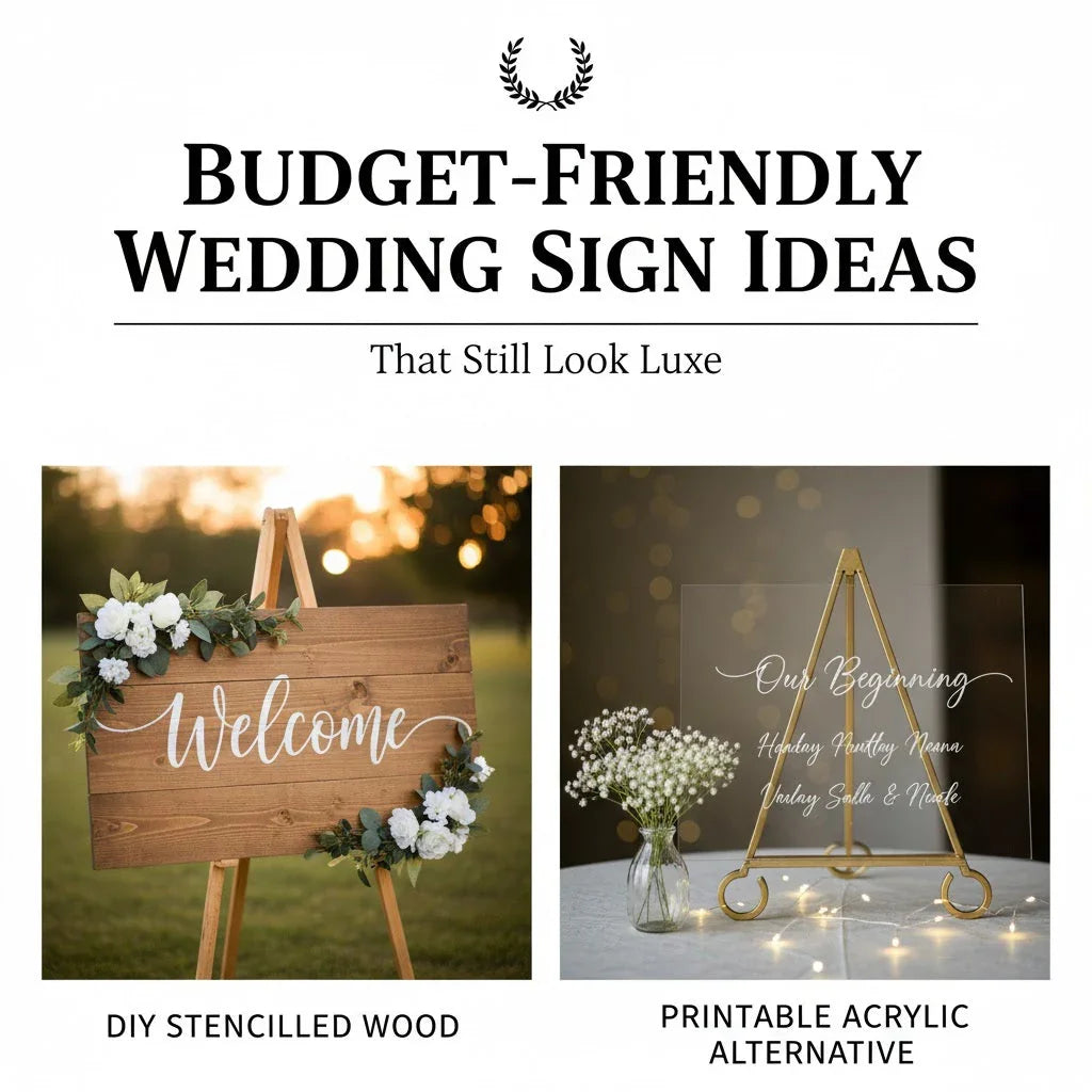 Budget wedding sign ideas with a wooden welcome sign and acrylic alternative on display.