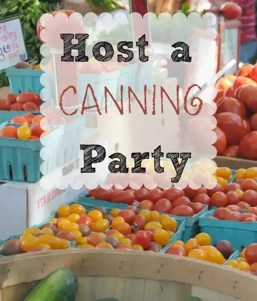Fresh tomatoes and vegetables in baskets at a farmers market with 'Host a Canning Party' text overlay.