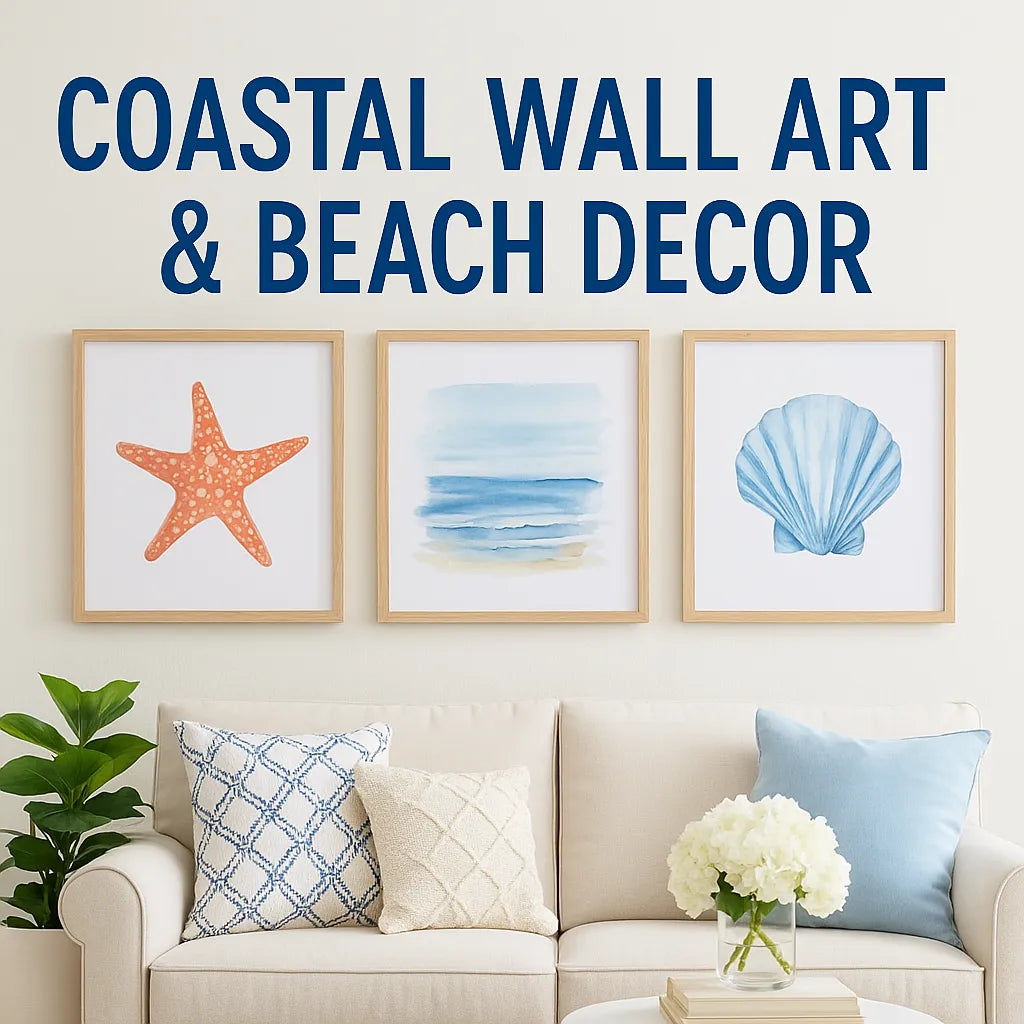 Coastal wall art and beach decor with starfish, ocean, and seashell prints above a beige sofa.
