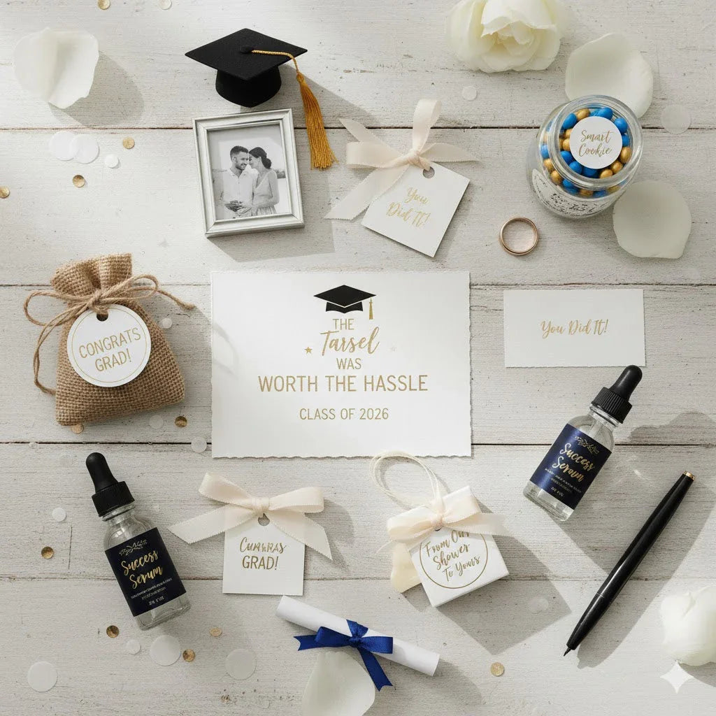 Creative graduation party decor with custom labels, graduation cap, and congratulatory gifts.