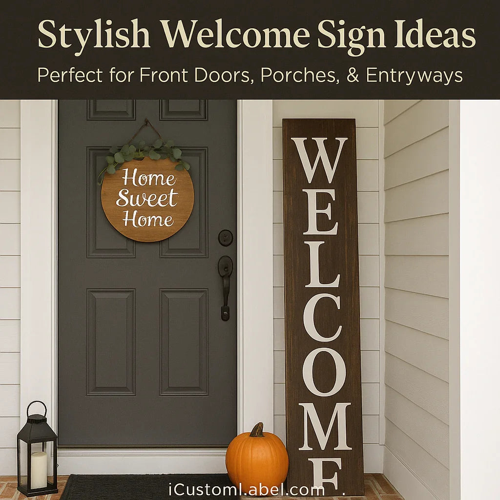 Front door with Home Sweet Home wreath, large vertical welcome sign, pumpkin, and lantern.