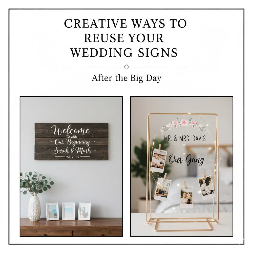 Creative ideas for reusing wedding signs as home decor with photo display examples