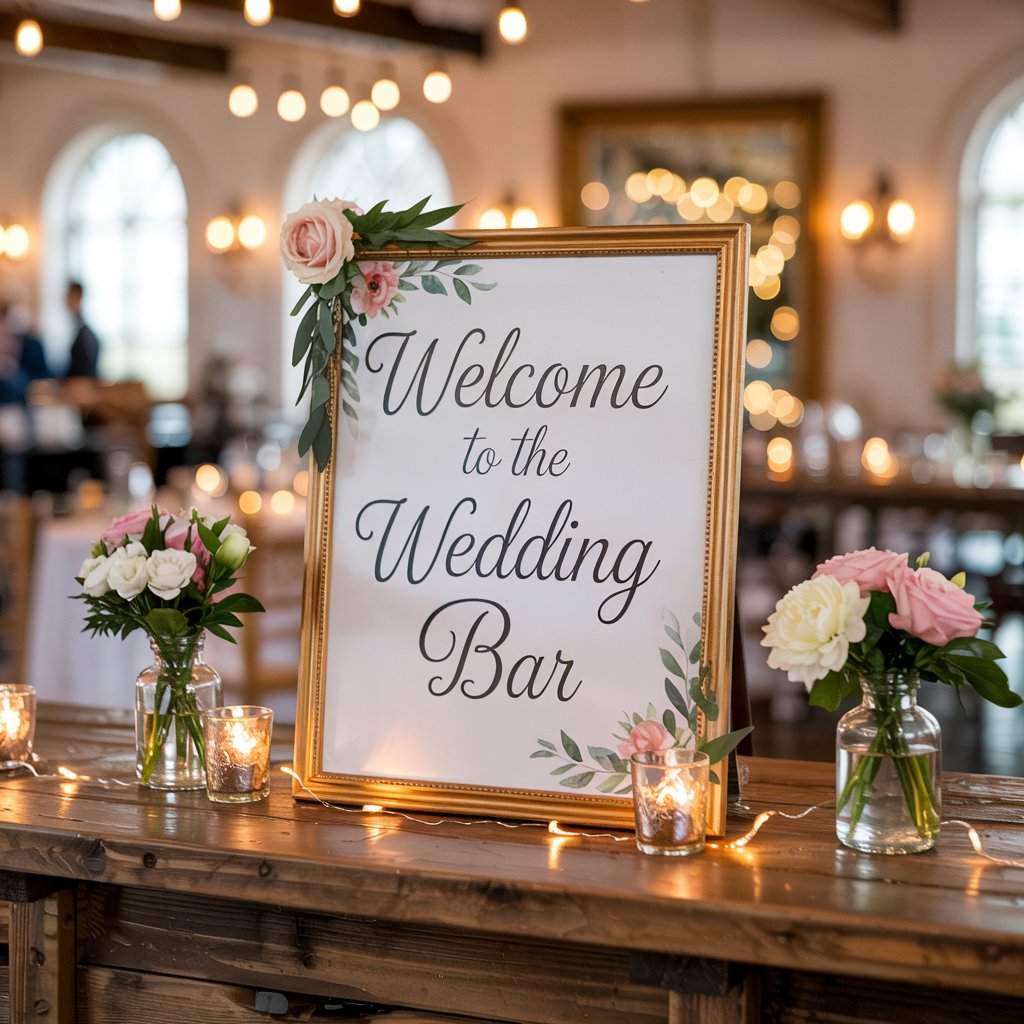 Wedding bar sign with floral decoration, candles, and flower vases on rustic wood table