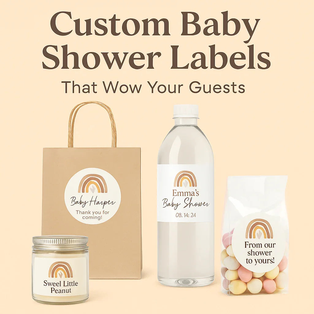 Custom baby shower labels on gift bag, water bottle, jar, and candy bag with rainbow design