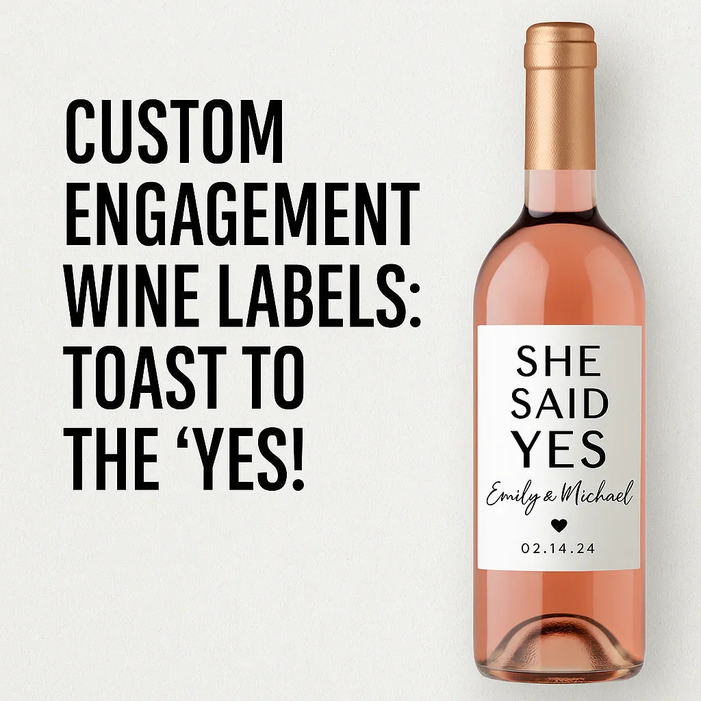 Custom engagement wine label on rose bottle with 'She Said Yes' text, modern design