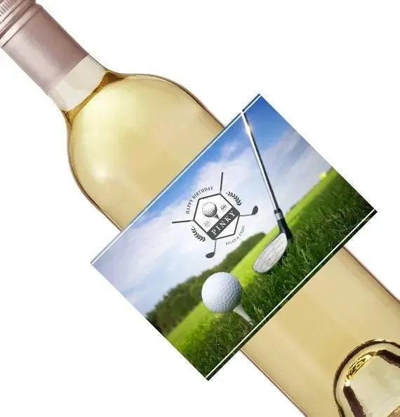 Custom sports drink label on wine bottle featuring golf ball and club design