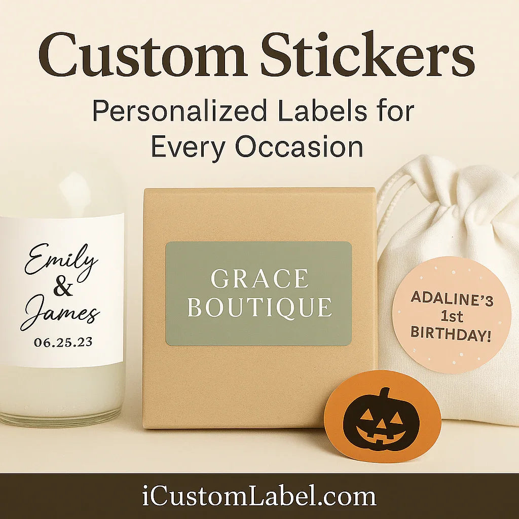 Custom stickers and personalized labels for events, businesses, and gifts on various items.