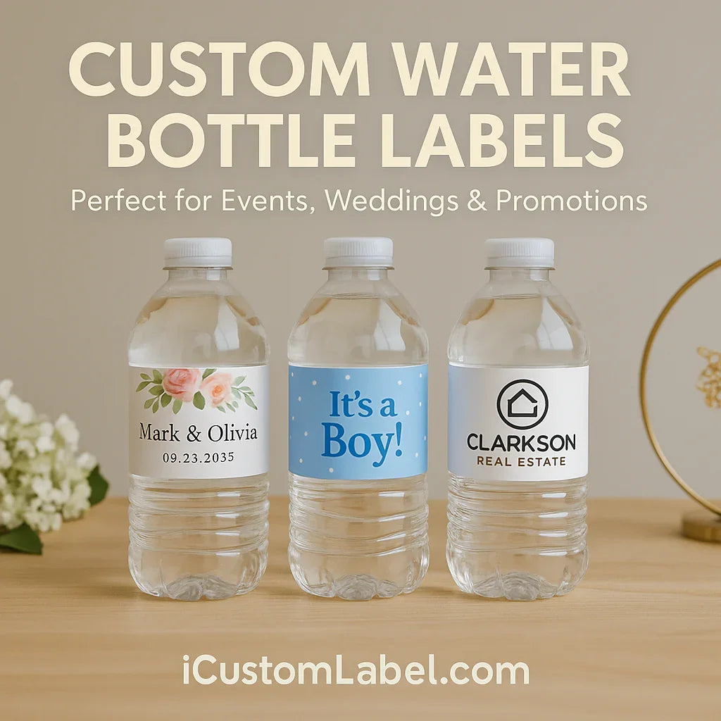 Custom water bottle labels for events, weddings, and promotions on three bottles