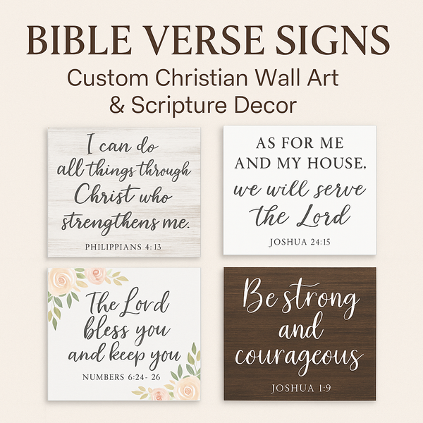 Bible verse signs, custom Christian wall art and scripture decor with floral and wood designs.